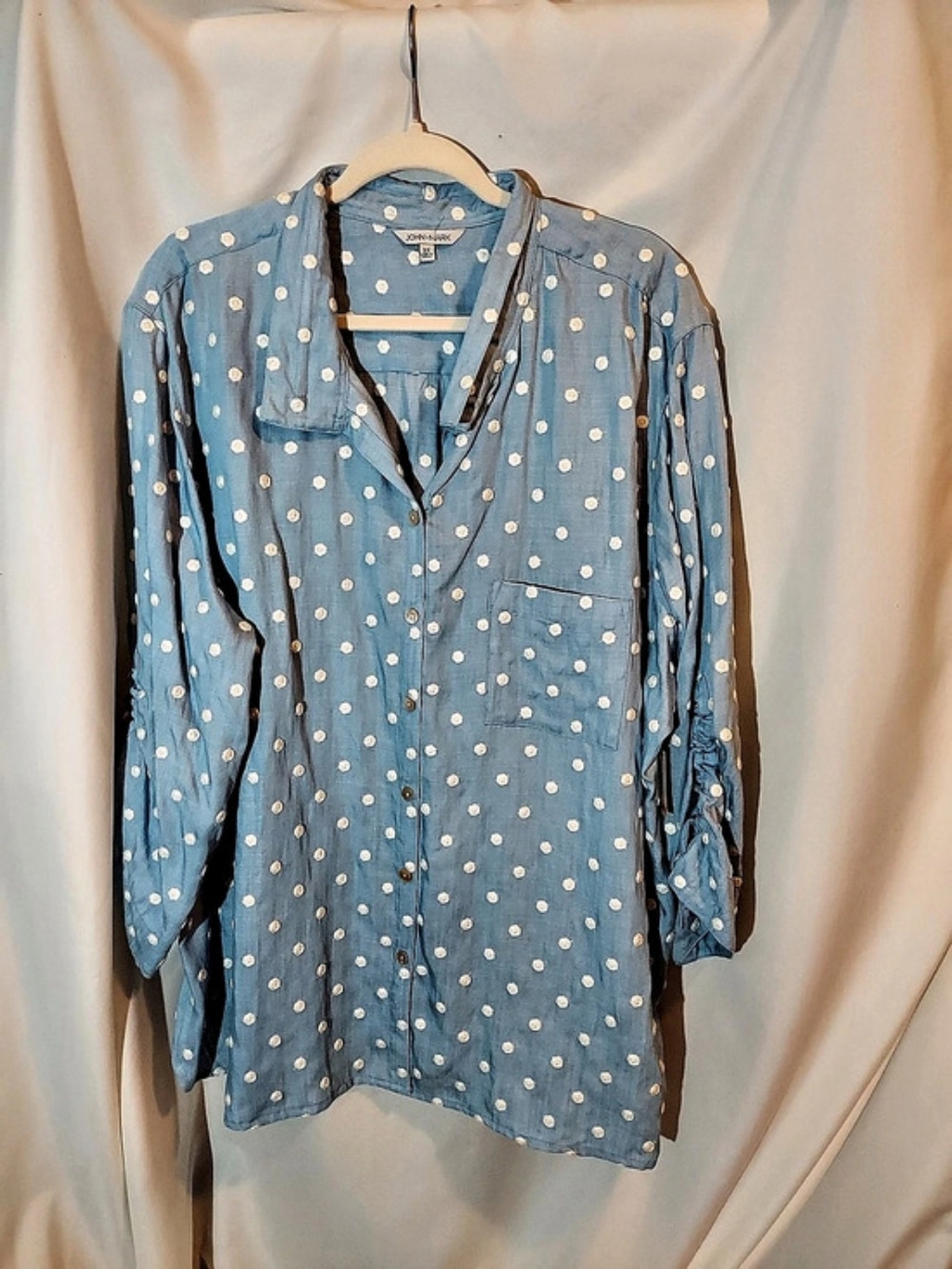 John Mark Blue Embroidered Polka Dot Roll-Tab Sleeve Button Down - Size 3X NWT